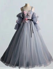 Grey blue detachable sleeve pleated long tulle prom dress ball gown evening party dress