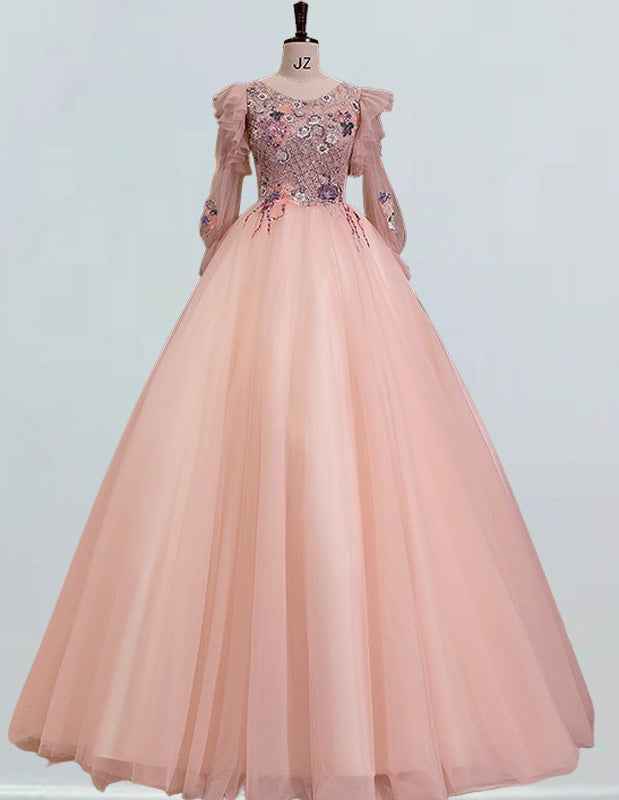 Elegant pink lace long sleeve ball gown prom dress for girls2