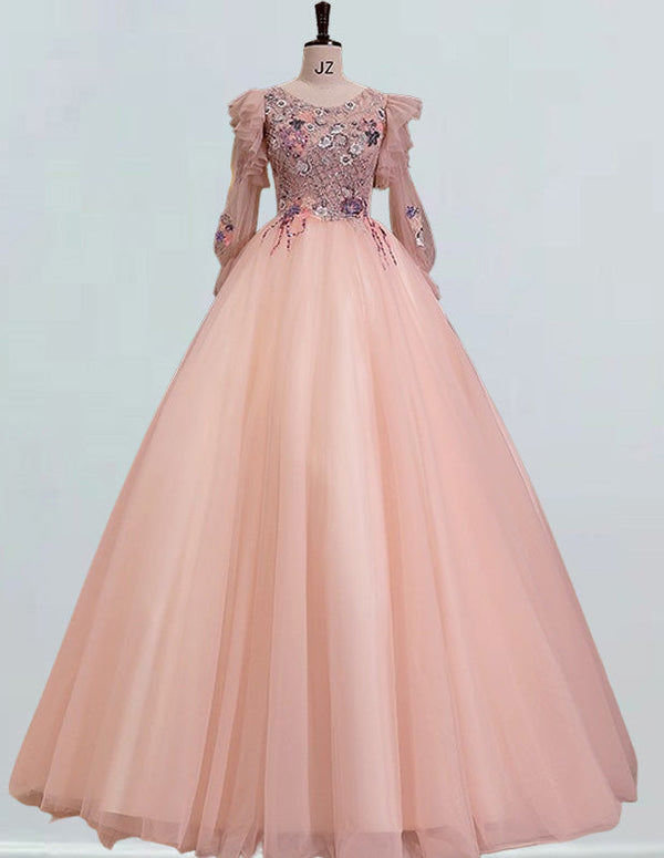 Elegant pink lace long sleeve ball gown prom dress for girls2
