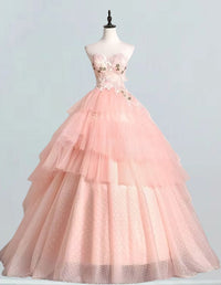 Pink strapless lace applique layered tulle fairy ball gown for girls' prom and formal events1