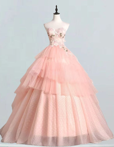 Pink strapless lace applique layered tulle fairy ball gown for girls' prom and formal events1