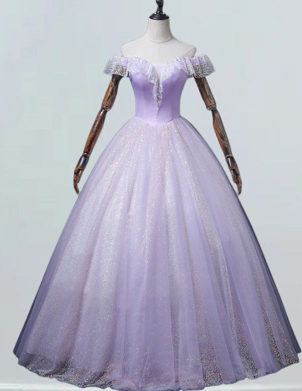 Lavender off the shoulder sparkle tulle ball gown for prom with elegant and aesthetic design2