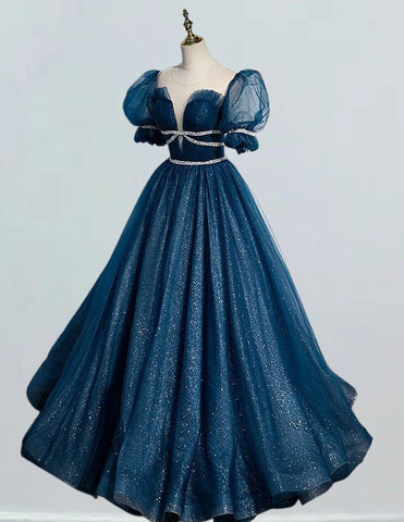 Elegant indigo blue sparkle tulle ball gown for girls, perfect for prom, bridesmaid, and formal evening events1