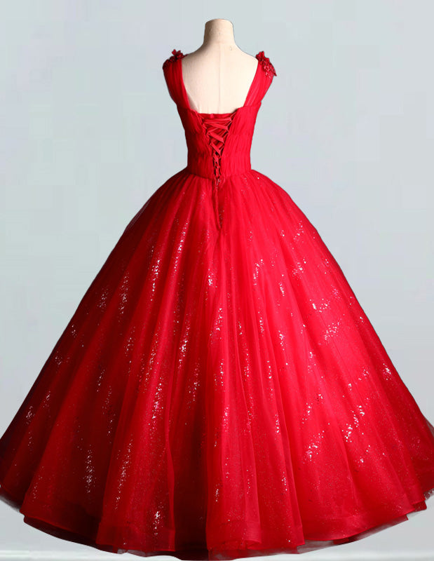 Elegant red lace V-neck prom ball gown with applique for girls' formal events2