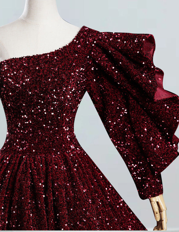 Burgundy one-shoulder sequin floor-length ball gown for quinceanera, elegant prom and bridesmaid dresses1