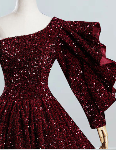 Burgundy one-shoulder sequin floor-length ball gown for quinceanera, elegant prom and bridesmaid dresses1