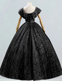 Black V-neck beaded floor-length ball gown for prom, elegant and aesthetic evening dress for girls0