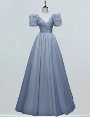 Women's Elegant Blue Sequin V-Neck Prom Dress with Sleeves, Formal Evening Gown