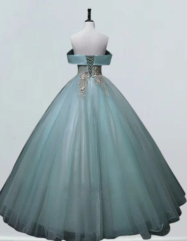 Elegant blue tulle off-shoulder gold lace ball gown prom dress for girls1