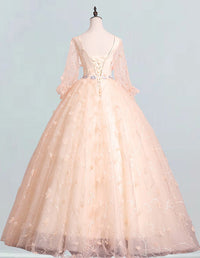 Elegant V-Neck Lace Ball Gown Prom Dress with Long Sleeves for Girls2