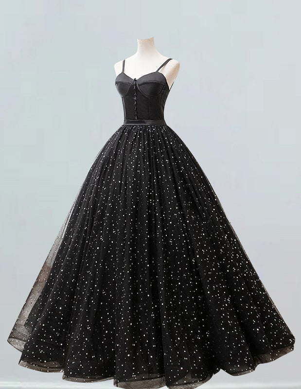 Elegant black tulle lace ball gown for girls with sparkle prom and evening dress features0