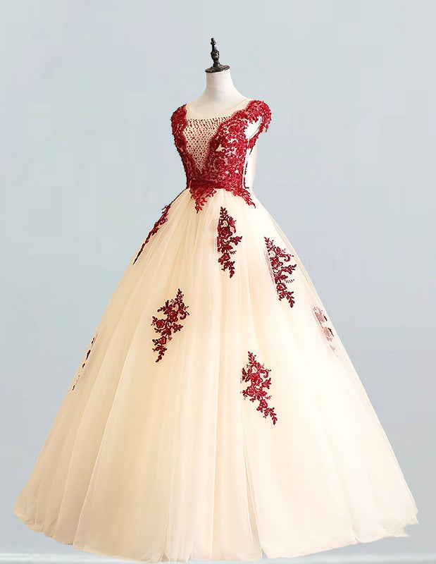 Elegant burgundy tulle evening gown with beaded lace, perfect for prom or formal events3