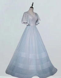 Silver sequined tulle bridal gown with V-neck and short sleeves, elegant long evening dress for graduation or prom3