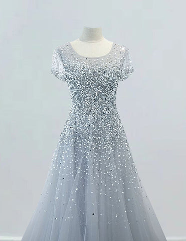 Elegant silver grey tulle prom gown with rhinestone detailing and sleeves for girls3