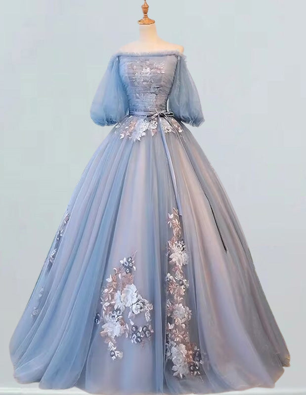 Elegant off-shoulder tulle evening gown with lace applique for girls' prom and formal events