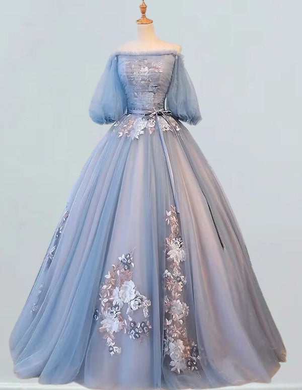 Elegant off-shoulder tulle evening gown with lace applique for girls' prom and formal events