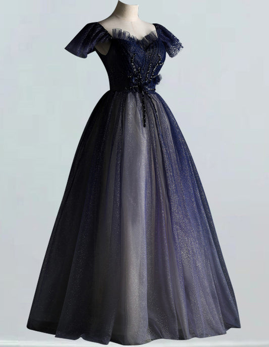 Elegant navy blue tulle V-neck evening and prom gown with beads for girls0 VIMYES