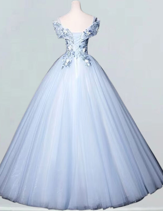 Elegant blue lace applique tulle prom gown with off-shoulder design for girls' formal events, including ball gowns, evening dresses, and bridesmaid attire0 VIMYES