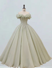 Mint green off the shoulder ruffle beaded prom dress ball gown long evening party dress