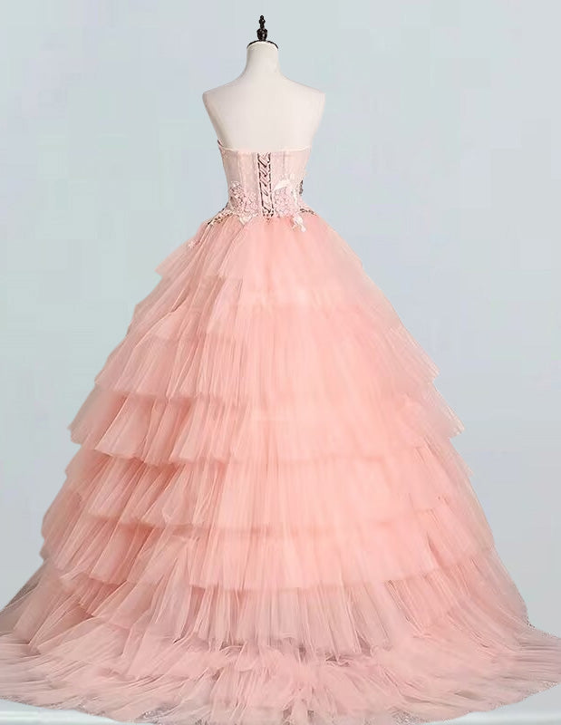 Pink strapless lace applique layered tulle fairy ball gown for girls' prom and formal events3