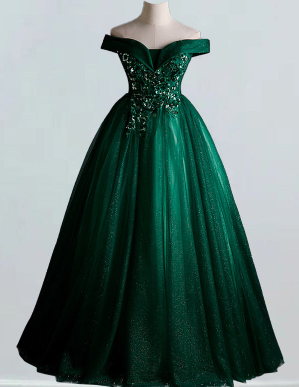Green off the shoulder lace applique fairy long tulle girls' ball gown dress for prom or bridal3