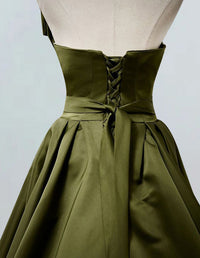 Front view of Olive Green Strapless Satin Pleated Ball Gown for Prom and Bridesmaids