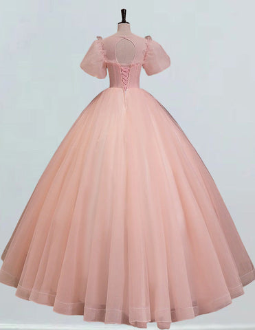 Elegant pink tulle prom dress with puff sleeves and beaded bodice for girls' formal events3