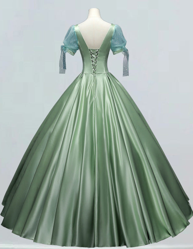 Sage green square neck pleated short sleeve long satin ball gown for prom, elegant and modest evening dress1