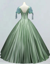 Sage green square neck pleated short sleeve long satin ball gown for prom, elegant and modest evening dress1