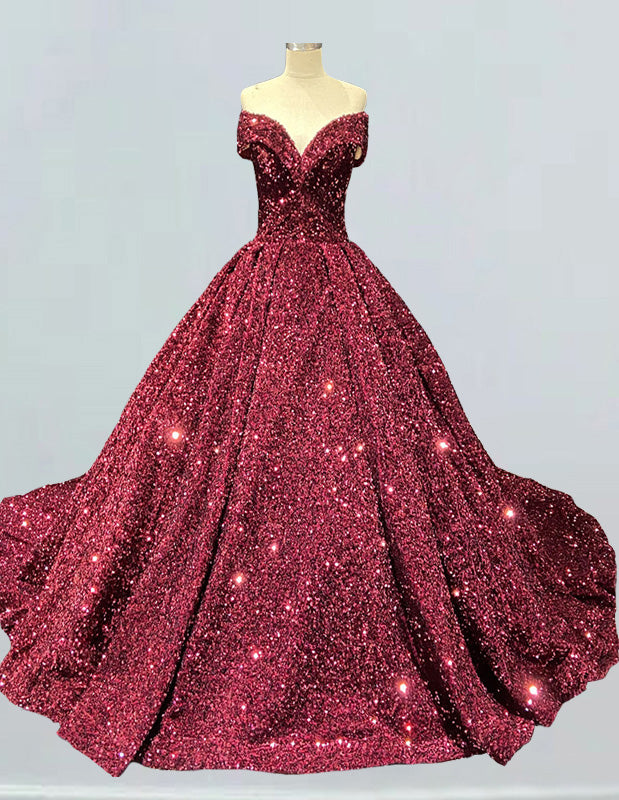 Burgundy velvet off-shoulder sequined prom gown with long train for girls0