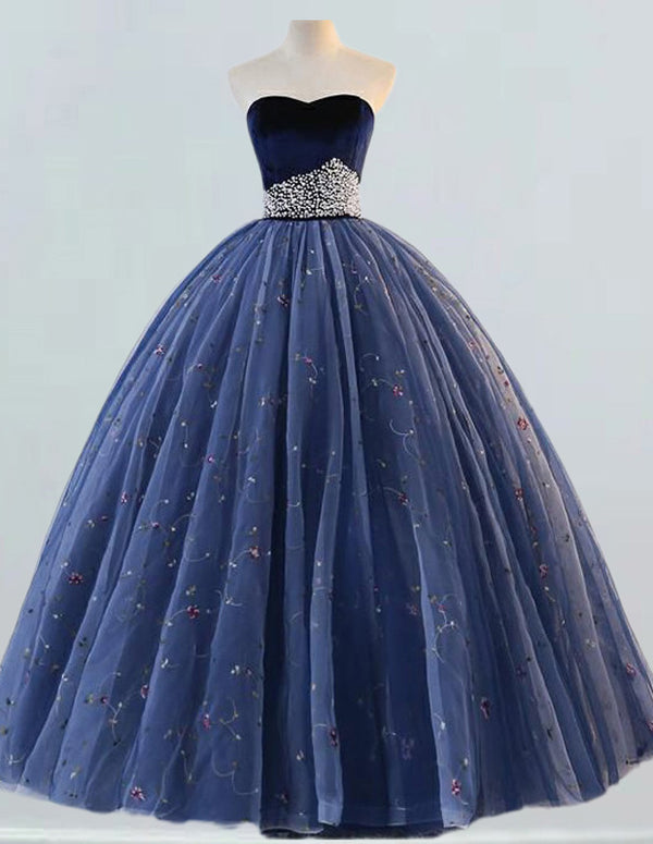 Elegant navy velvet strapless ball gown with pearl embellishments for prom or formal events3