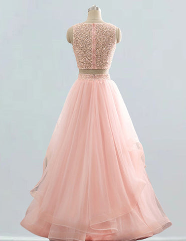 Elegant pink beaded prom gown with rhinestone boat neck for girls0