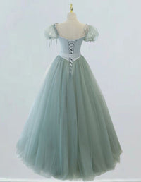 Mint green cap sleeve floor length tulle prom dress for girls, elegant evening party gown with off shoulder and corset features1