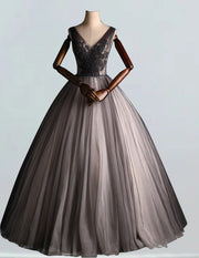 Women's Elegant V-Neck Tulle Ball Gown | Beaded Rhinestone Prom & Wedding Dress