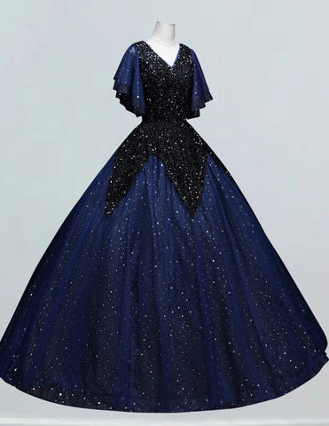 Dark navy v-neck velvet sparkle long tulle ball gown for prom with elegant off-shoulder sleeves and modest corset design2