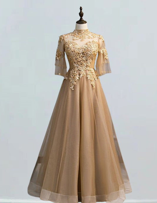 Elegant gold tulle beaded prom dress with square collar for girls, perfect for formal events and evening parties0 VIMYES