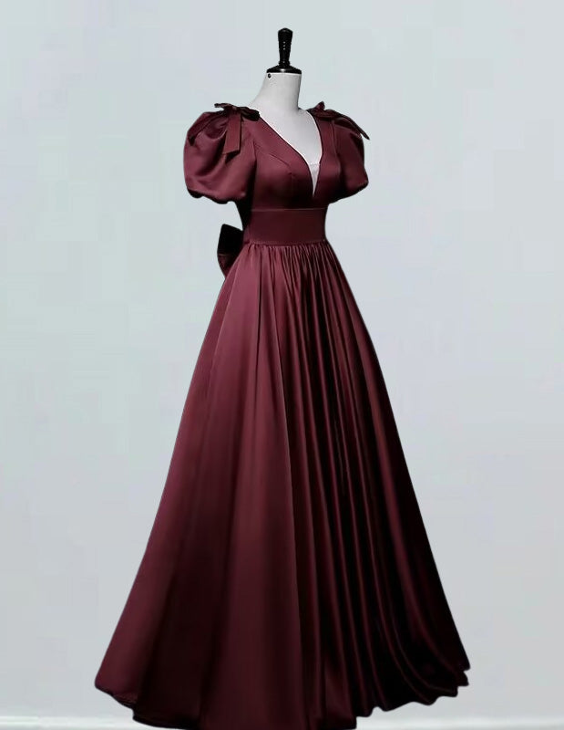 Burgundy v-neck satin prom gown long evening dress for girls3