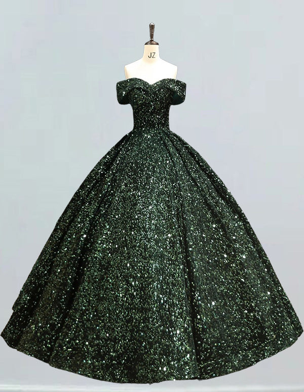 Dark green off the shoulder velvet sequin floor length ball gown for prom or plus size wedding3