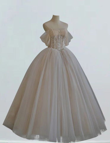 Champagne off the shoulder pleated beading short sleeve ball gown with ruffles and long tulle for prom or evening party0