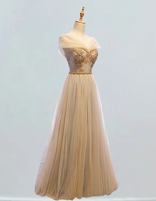 Elegant gold beaded off-shoulder bridal prom gown for girls with formal evening dress style2 VIMYES