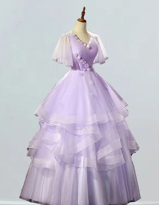 Lavender V-Neck Prom Dress with Pleated Floral Design | Girls' Elegant Evening Gown1 VIMYES