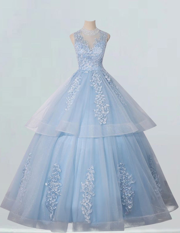 Elegant blue tulle ball gown with boat neck lace applique for evening events, featuring a variety of styles including prom and bridesmaid dresses, off shoulder, corset, and modest evening gowns3