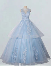 Women's Blue Tulle Ball Gown | Lace Applique Boat Neck Evening Dress