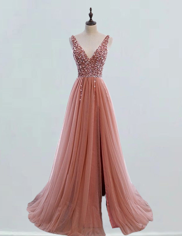 Elegant pink V-neck tulle prom dress with beading and rhinestones for girls1