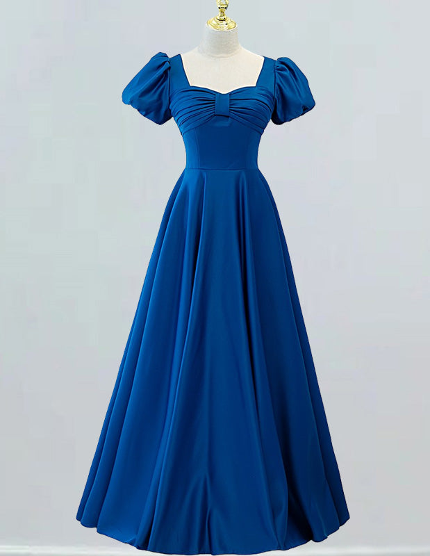 Elegant blue satin square neckline prom and evening gown for girls1