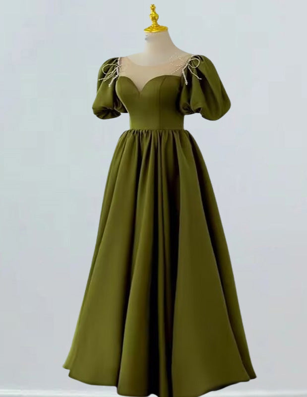 Green scoop short sleeve long satin ball gown for prom, elegant and modest evening dress with off shoulder and corset features1