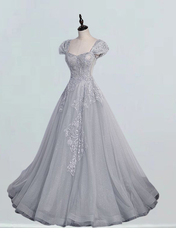 Elegant cap sleeve grey lace evening gown with sweetheart neckline, perfect for prom or as a bridesmaid dress