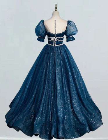 Elegant indigo blue sparkle tulle ball gown for girls, perfect for prom, bridesmaid, and formal evening events3