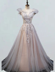 Women's Elegant V-Neck Beaded Lace Tulle Evening Ball Gown | Prom & Bridesmaid Dress