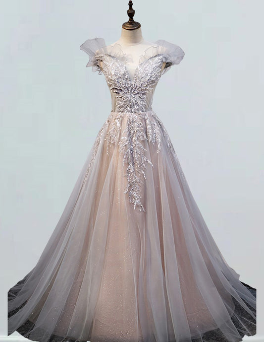 Elegant V-Neck Beaded Lace Tulle Prom & Evening Ball Gown for Girls VIMYES